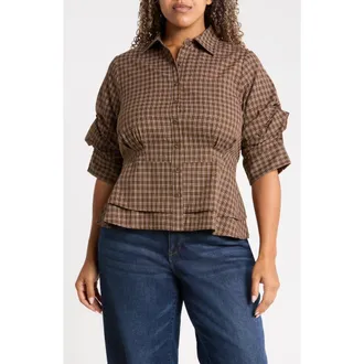 Wit & Wisdom Plaid Double Peplum Top in Cold Brew Multi at Nordstrom, Size 3X