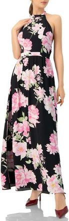 Ivonne Floral Halter Neck Backless Maxi Dress in Black at Nordstrom, Size 12