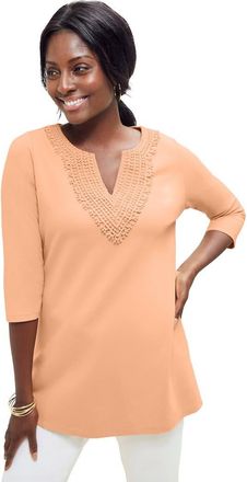 Jessica London Stretch Cotton Crochet Notch Neck Tunic in Peach Fuzz at Nordstrom, Size Medium