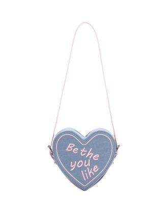 Generic Trendy Denim Heart Bag for Women, Sweet Letter Embroidery Convertible Leather Strap Armpit Shoulder Bag