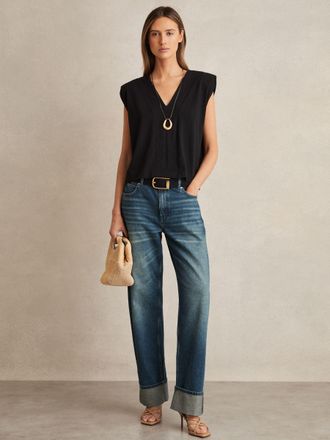 Reiss Black Cotton Shoulder-pad V-neck Top, XS