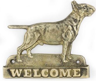OEM Bull Terrier - Cartel Para Puerta Con Perro, Placa De Bienvenida De Lat&oacute;n, Cartel &Uacute;nico Con La Inscripci&oacute;n Welcome De Art-dog