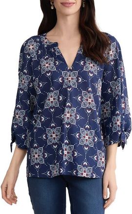 Jones New York Printed Tie Cuff Raglan Sleeve Cotton Top in Pacific Navy Multi at Nordstrom, Size X-Small
