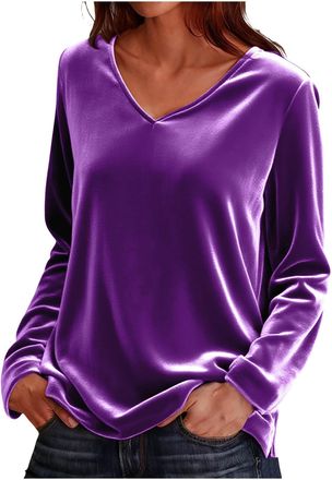 Generic Velvet Long Sleeve Tops Women Crew Neck Solid Gold Velvet Pullover Elegant Tunic Top Soft Loose T Shirts Casual V Neck Ladies Sweatshirts Classic Ligh
