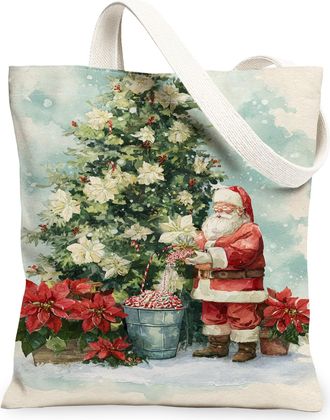 Generic Christmas Floral Canvas Tote Bags, Vintage Floral Design Reusable Grocery Bags, Lightweight Washable Canvas for Holiday Sho, Cream, 13x15 Inch