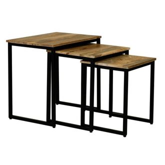 Jaipur Furniture Ravi Iron Base Solid Wood Stool (Set of 3) - Mango Wood/Iron - L40 x W54 x H54 cm - Light Finish in Brown
