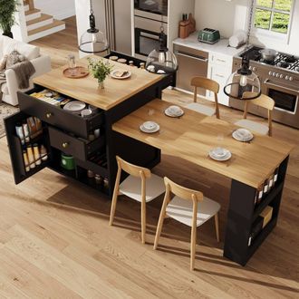 Merax Extendable Kitchen Island with Extendable Dining Table & Storage in Black
