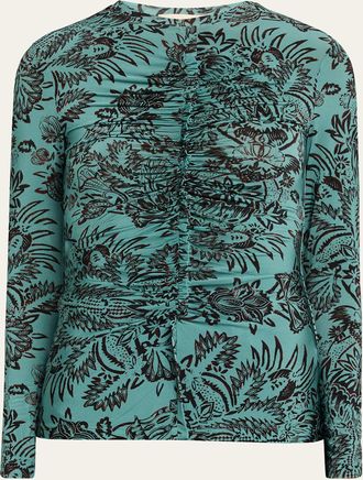 Ulla Johnson Asha Floral-Print Ruched Long-Sleeve T-Shirt