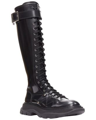 Alexander McQueen Alexander Mcqueen Womens Leather Tread Leather Lace Up Combat Knitee High Boot (Authentic Pre-Loved)