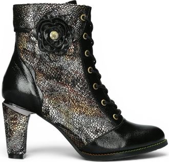 Laura Vita Womens Black Leather Floral Heeled Lace-Up Boots - Alcbaneo 173