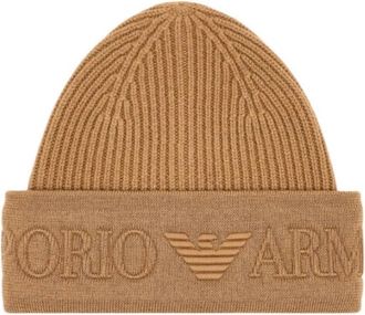 Emporio Armani Wollen beanie met logo op de rand - unisex - Hoeden - Bruin - M - Wol - Accessoires