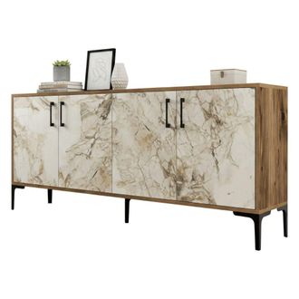 Dmora Aparador Orionis, Buf&eacute; De Sal&oacute;n, Aparador De Sal&oacute;n, Despensa De Cocina, 180x35h78 Cm, Nogal Y M&aacute;rmol Blanco, Con Embalaje Reforzado - Dmora