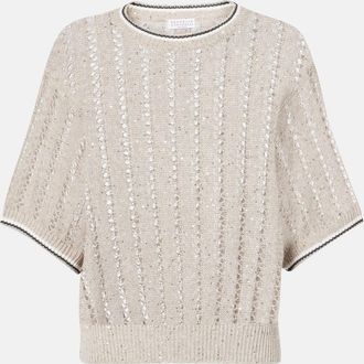 Brunello Cucinelli Sequined open-knit linen-blend top
