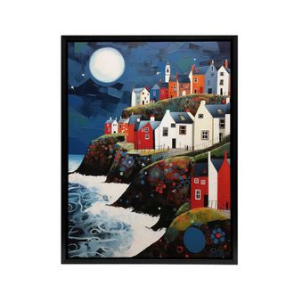 Artery8 Seaside Cliff Village Houses Folk Art Framed Canvas Wall Art Print in Blue | Size: W24 x H32