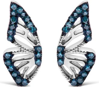 House of Brilliance Sterling Silver 1/6 Cttw Blue Treated Diamond Butterfly Stud Earrings