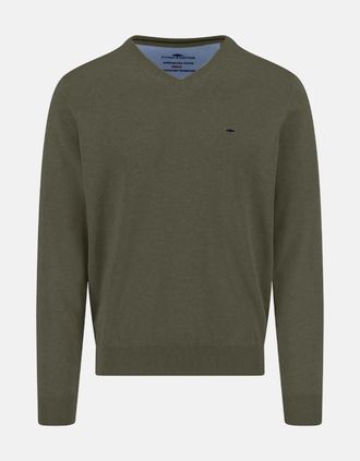 Fynch-Hatton Mens V-Neck Fine Knit Cotton Sweater Dark Khaki - Green - Size: 44