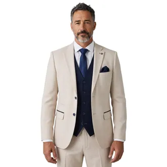PAUL ANDREW Mens Check Cream Blazer Navy Waistcoat Wedding 3 Piece Suit - Regent