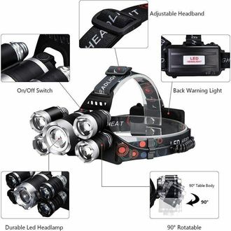 OEM Linterna Frontal Recargable, Potente Y Ultra Potente, Recargable Por Usb, 5 Led, 4 Modos De Iluminaci&oacute;n, Resistente Al Agua Ipx4, 2 Bater&iacute;as 18650 Par