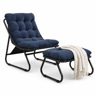 STILVORA Salotto Da Giardino 1 Posto In Acciaio Con Sedia A Sdraio, Pouf E Cuscino Comodo, Blu Marino