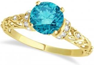 Allurez Blue Diamond & Diamond Antique Engagement Ring 14k Yellow Gold 0.87ct