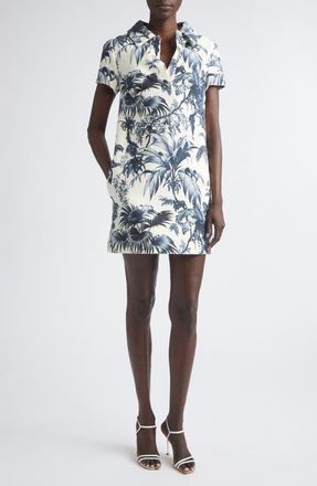 Oscar De La Renta Palm Leaves Print Cotton & Wool Blend Tweed Dress in Navy/Ivory at Nordstrom, Size 10
