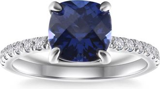 Pompeii3 VS 2 1/3Ct TW Cushion Blue Sapphire & Diamond Ring in 14k White Gold