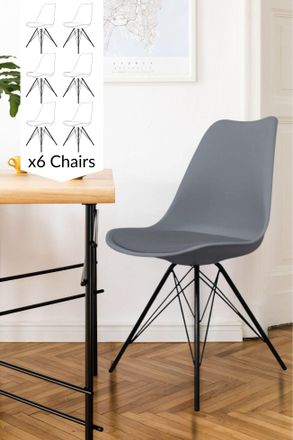 Fusion Living Set of 6 Soho Plastic Dining Chairs with Black Metal Legs in Dark Grey