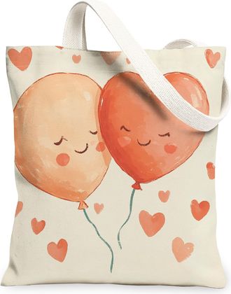 Generic Fanciful Balloons Canvas Tote Bags, Cute Heart Pattern Reusable Grocery Bags, Lightweight Washable Shoulder Strap Canvas for Shopping, Travel, Beach 1