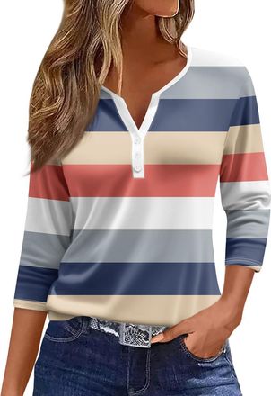 Generic 3/4 Sleeve Tops for Women Henley Neck Casual Womens T-Shirts Ladies Fitted Ladies Shirts Light Pink XXL 152