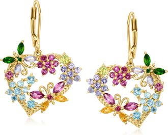 Ross-Simons Multi-Gemstone Flower and Butterfly Heart Drop Earrings in 18kt Gold Over Sterling