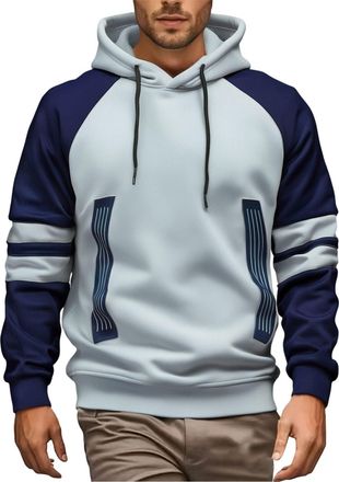 Generic Mens Hoodie Pullover Sweatshirt UK Long Sleeve Fleece Color Block Patchwork Hoodies Thermal Hoodies Men Dark Blue Hoodie Suitable for Autumn Winter Sp