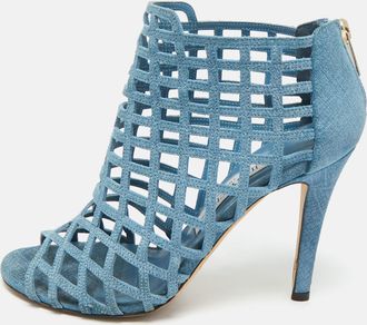 Jimmy Choo London Blue Denim Dassa Peep Toe Cage Ankle Boots