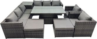 Fimous Fimous 10 Seater Outdoor Corner Sofa Height Adjustable Rising Lifting Table Set Garden Rattan Furniture Set with Side Table 2 Big Stool Dark Grey