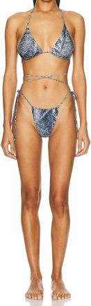 Norma Kamali Criss Cross Bikini Bra And Bottom Set In Black/navy Denim Print
