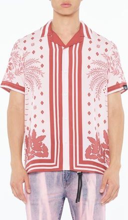 Cult of Individuality Border Print Short Sleeve Cotton Button-Up Shirt in Retro at Nordstrom, Size Xx-Large