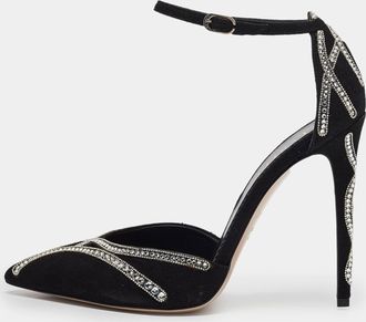 Le Silla Black Suede Crystal Embellished Mary Jane Pumps