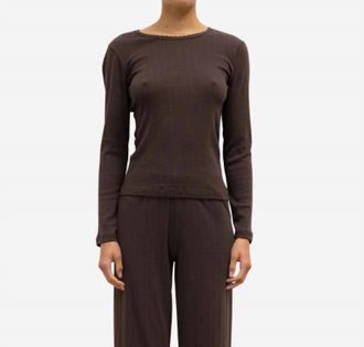 Leset Pointelle Cotton Long-Sleeve Slim Fit Top In Choco