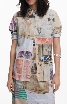 Desigual Collage Print Cotton Button-Up Shirt in Beige at Nordstrom, Size X-Large