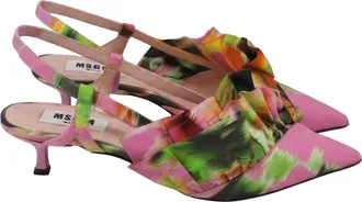 Msgm Floral Ruffle Slingback Kitten Heels in Multicolor Satin