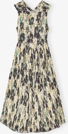 Ganni Printed Pleats Smock Midi Straps Dress - Size 10/12 Beige