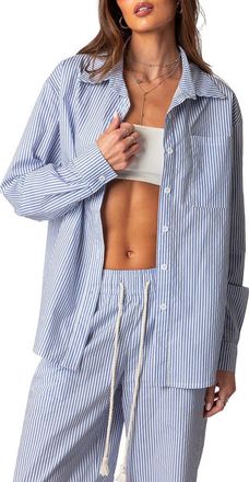 Edikted Oversize Pinstripe Cotton Button-Up Shirt in Blue at Nordstrom, Size X-Small