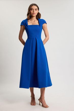 Karen Millen Womens Square Neck Tailored Full Skirted Maxi Dress - Blue - Size 10 UK
