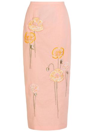 Bernadette Bernadette Norma Floral-embroidered Cotton and Linen-blend Midi Skirt - Pink - 34 (UK6 / XS)