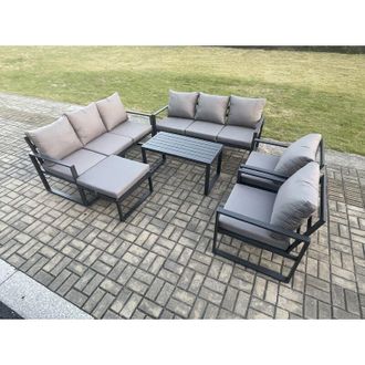 Fimous Fimous Aluminium Outdoor Garden Furniture Set 9 Seater Garden Sofa with Oblong Coffee Table Big Footstool Dark Grey