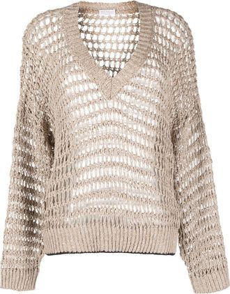 Brunello Cucinelli open-knit V-neck jumper - women - Linen/Flax/Silk - M - Neutrals
