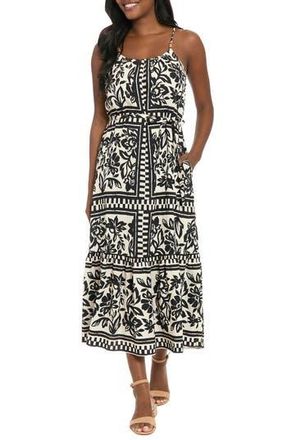 London Times Floral Beaded Strap Tiered Maxi Dress in Black/Beige at Nordstrom Rack, Size X-Large