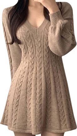Generic Womens Cable Knit Sweater Dress Casual V-Neck Long Sleeve Flared A-Line Short Mini Dresses for Fall Winter(Khaki,S)