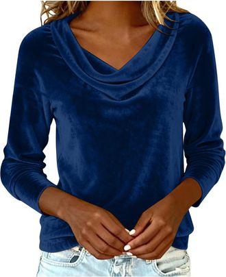 Generic Velvet Tops for Women UK - Ladies Velvet Blouses Elegant Long Sleeve Cowl Neck T-Shirt Plain Velour Tunic Tops Business Casual Party Work Office Cloth