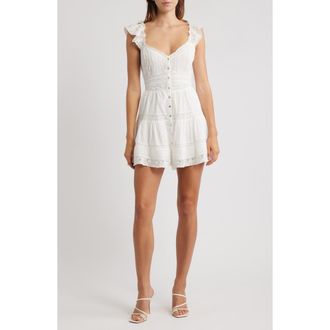 LoveShackFancy Rietta Lace Inset Cotton Button-Up Minidress in Optic White at Nordstrom, Size Medium
