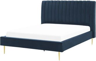 Beliani Beliani - Modern Velvet eu Double Size Bed Frame 4ft6 Dark Blue Slatted Base Marville